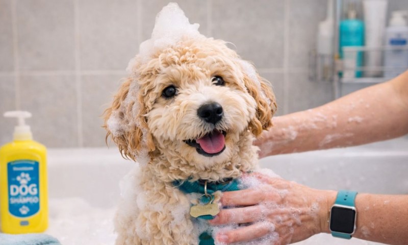 goldendoodle puppy having a bath 