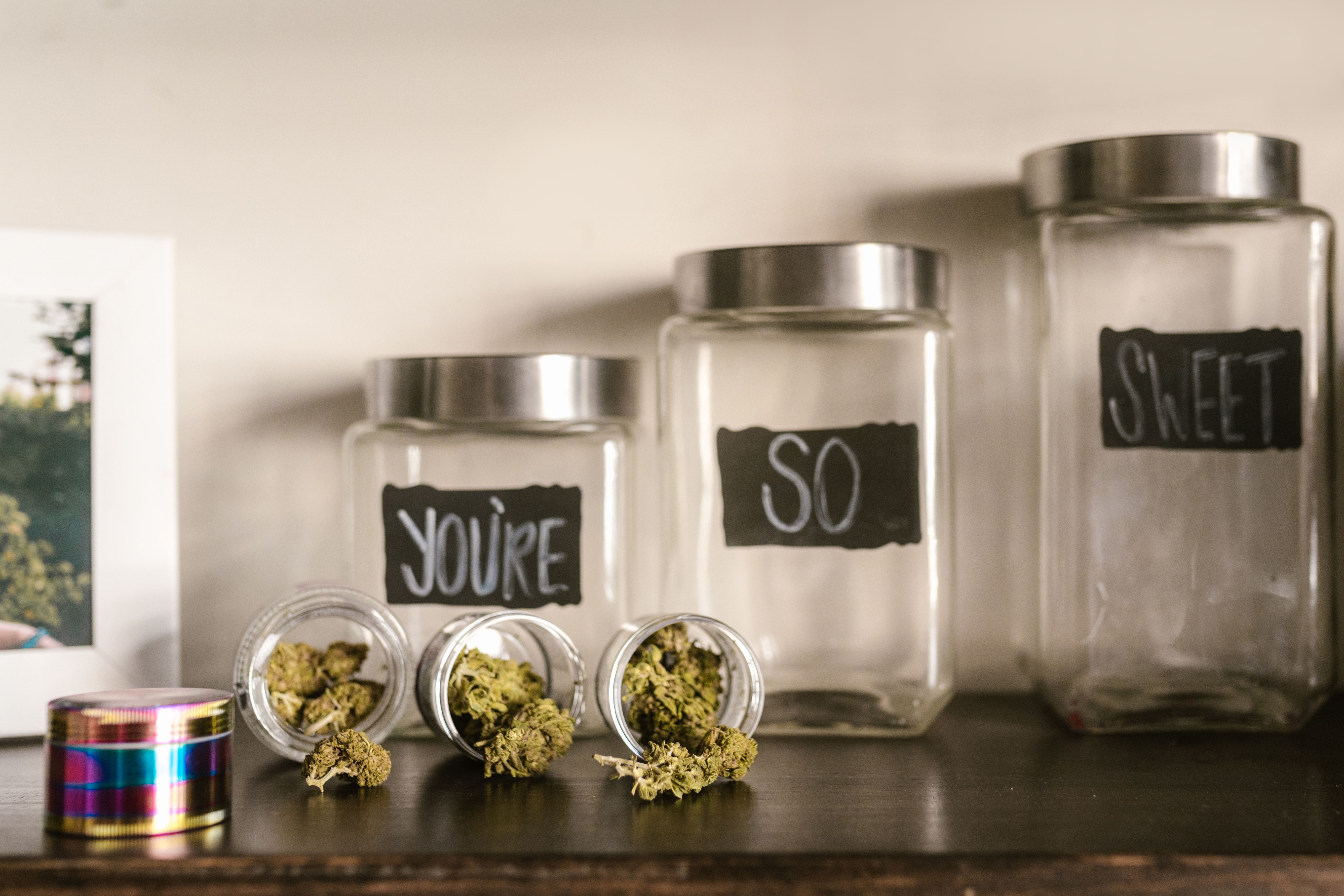 Glass jars filled with cannabis buds arranged on a shelf with playful brand labels